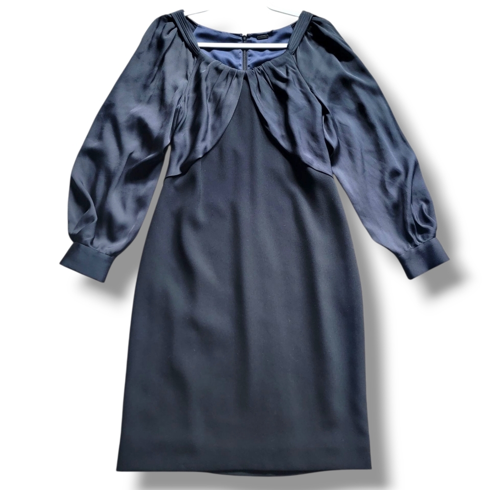 Elie Tahari Black Silk Satin Dress Long Sleeves Shift Business Casual Dress US 4